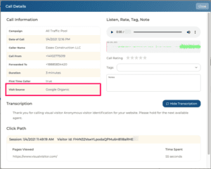 Visual Visitor's call tracking software for agencies