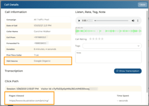 Visual Visitor can determine which keywords or referral source directed a call.